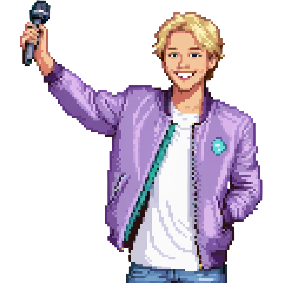 Pixel art style, expressive male performer, Caucasian features, short sandy blonde hair, lively eyes, wide cheerful smile, wearing a violet jacket over white tee, tossing a microphone in one hand, waist-up, front-facing emoji