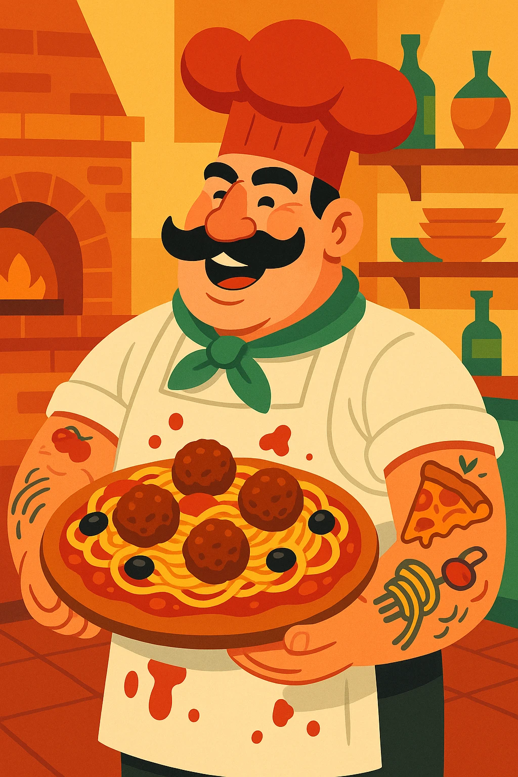 A tall, burly Italian chef with a thick black mustache and a big red chef hat, wearing a white apron stained with tomato sauce. He’s holding an oversized, loaded pizza topped with spaghetti, meatballs, and olives. His tattooed arms show pizza and pasta motifs. Colorful and cartoonish style with exaggerated features and a lively Italian kitchen background. emoji