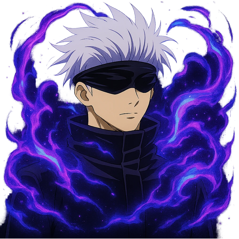 Add Hollow Purple effect with swirling purple and blue energy around Gojo Satoru, keeping his serious expression, in anime style, no background. emoji