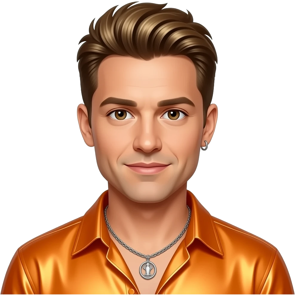 Donnie Wahlberg from NKOTB with brown eyes, golden brown 90s mullet hair, orange metallic shirt, necklace and earrings emoji