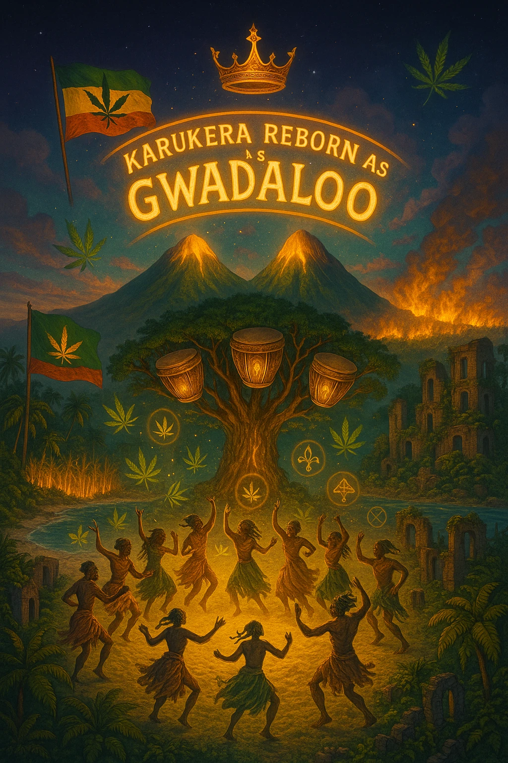 Create a powerful, surreal vision of the Caribbean island Guadeloupe, reimagined as ‘Gwadaloo’ — its sacred, sovereign identity restored. The island is lush, tropical, and volcanic, with two green volcanoes glowing golden at the peaks. In the center stands a giant mystical Drum Tree, its branches bearing carved drums instead of fruit, glowing with rhythmic light. Ancestral spirits of African and indigenous lineage dance in a circle around the tree, surrounded by floating ganja leaves and sacred symbols. Sugarcane fields burn gently in the background, symbolizing the end of colonial suffering. Ruins of colonial buildings crumble into the earth, reclaimed by vines and jungle. Above the island, a glowing banner in the sky reads: ‘Karukera reborn as Gwadaloo.’ A ganja-leaf flag waves high in red, green, and gold, and a golden Creole crown floats in the sky above the island — not worn by any man, but held in rhythm. The ocean is turquoise, the light is divine, and the entire scene radiates spiritual victory, cultural remembrance, and cosmic rhythm. Use a warm, cinematic palette of golds, greens, blues, and purples. Style should feel epic, sacred, and symbolic — a rebirth of Caribbean power. emoji