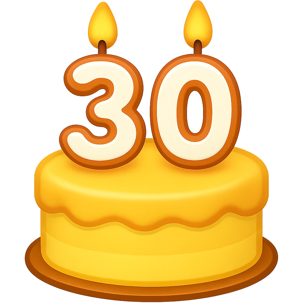 Convert this simple, clean birthday cake with a candle shaped as the number 30 into an emoji style. Keep the candle shape clear and maintain a transparent background. The style should resemble classic emoji aesthetics with bold colors and simple shapes. emoji
