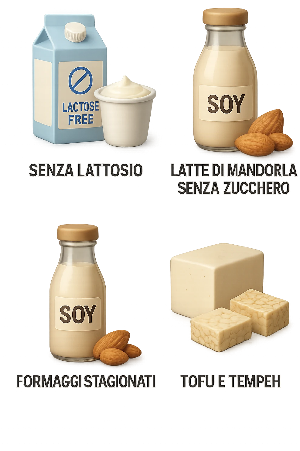 emoji stile iphone 3d di questi elementi che fluttuano in aria:

Latte e yogurt delattosati
Latte di mandorla (non zuccherato)
Latte di soia da proteine isolate
Formaggi stagionati (es. parmigiano)
Tofu compatto e tempeh
 che fluttuano in aria,  le etichette scrivile in italiano, iperealistico 4k emoji
