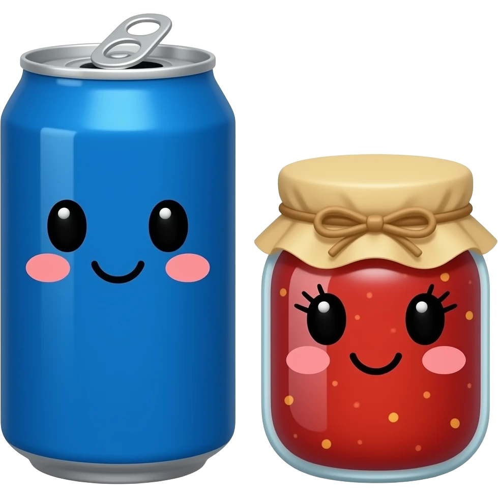 A plain blue soda can with a cute face without eyelashes and a jar of jam with a cute face with eyelashes, they both are the same size emoji