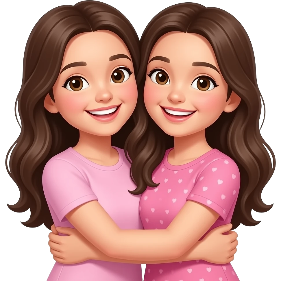 Two sisters long hair smiling wesring pink hugging emoji
