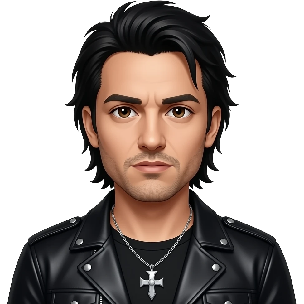 Chino Moreno with dark brown eyes, black hair, black metallic nu-metal outfit, necklace emoji