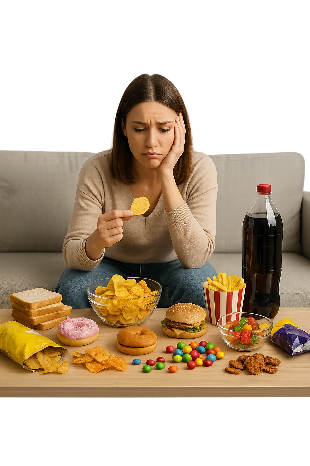 Donna tra i 25 e i 35 anni seduta sul divano o a un tavolo disordinato, circondata da cibi sparsi e poco sani: patatine, dolci, pane bianco, snack confezionati, bibite.  emoji