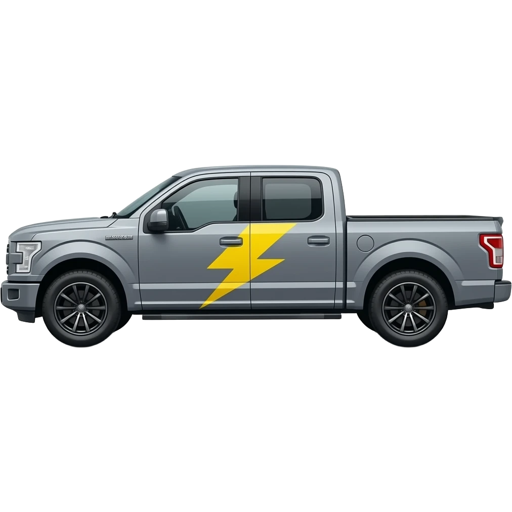Gray ford f150 with black wheels  in side view with yellow lightning bolt superiposed on side emoji