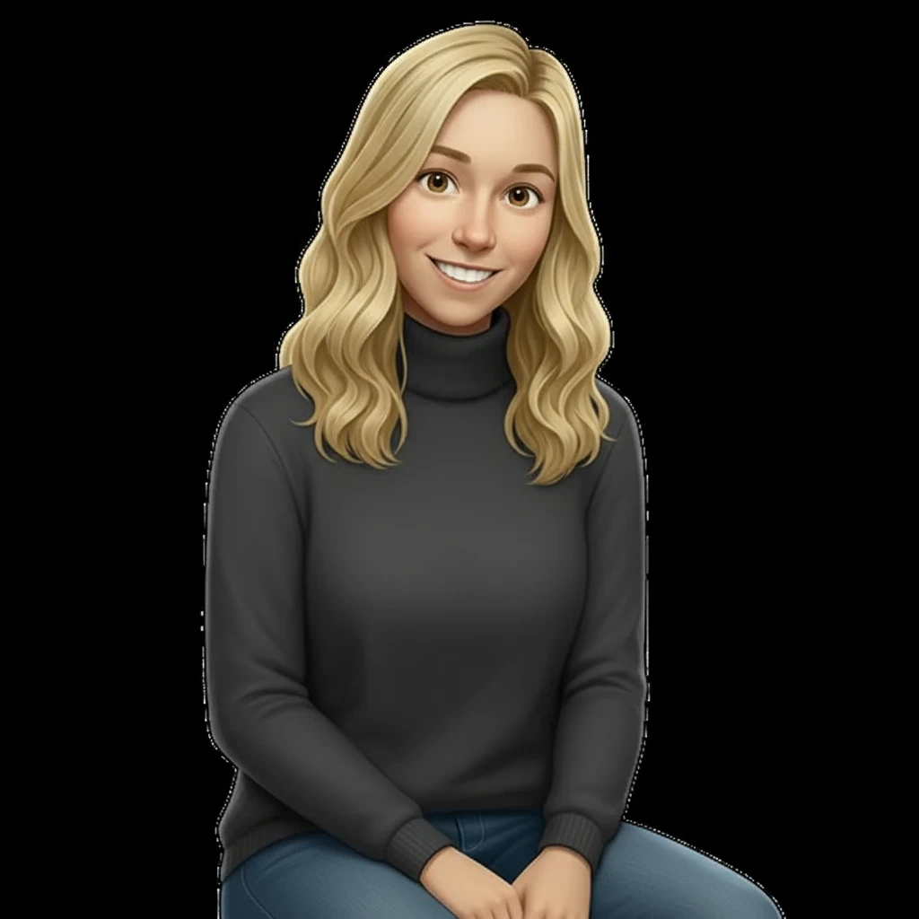 нарисуй эту девушку с точно таким же лицом строго фас она сидит в водолазке и джинсах, без шапки, без фона  emoji