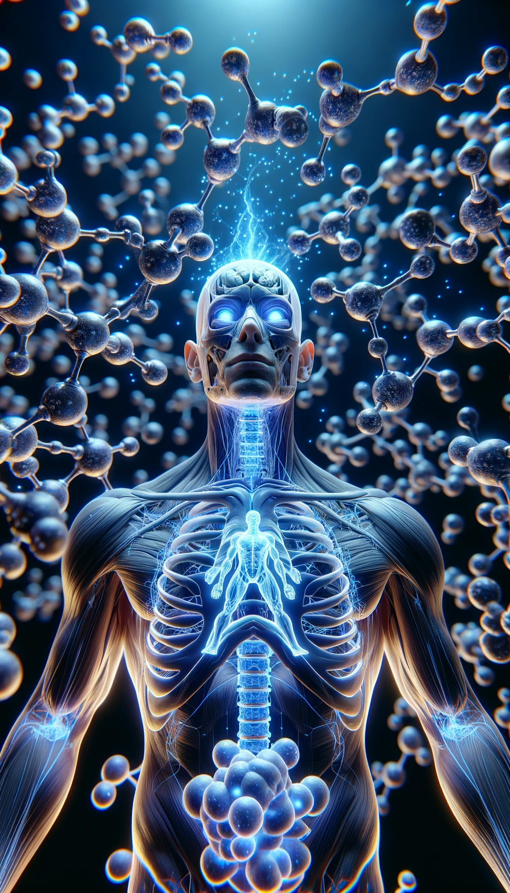 corpo umano anatomico circondato da molecole di dopamina che fluttuano in aria, iperrealistico 4k emoji
