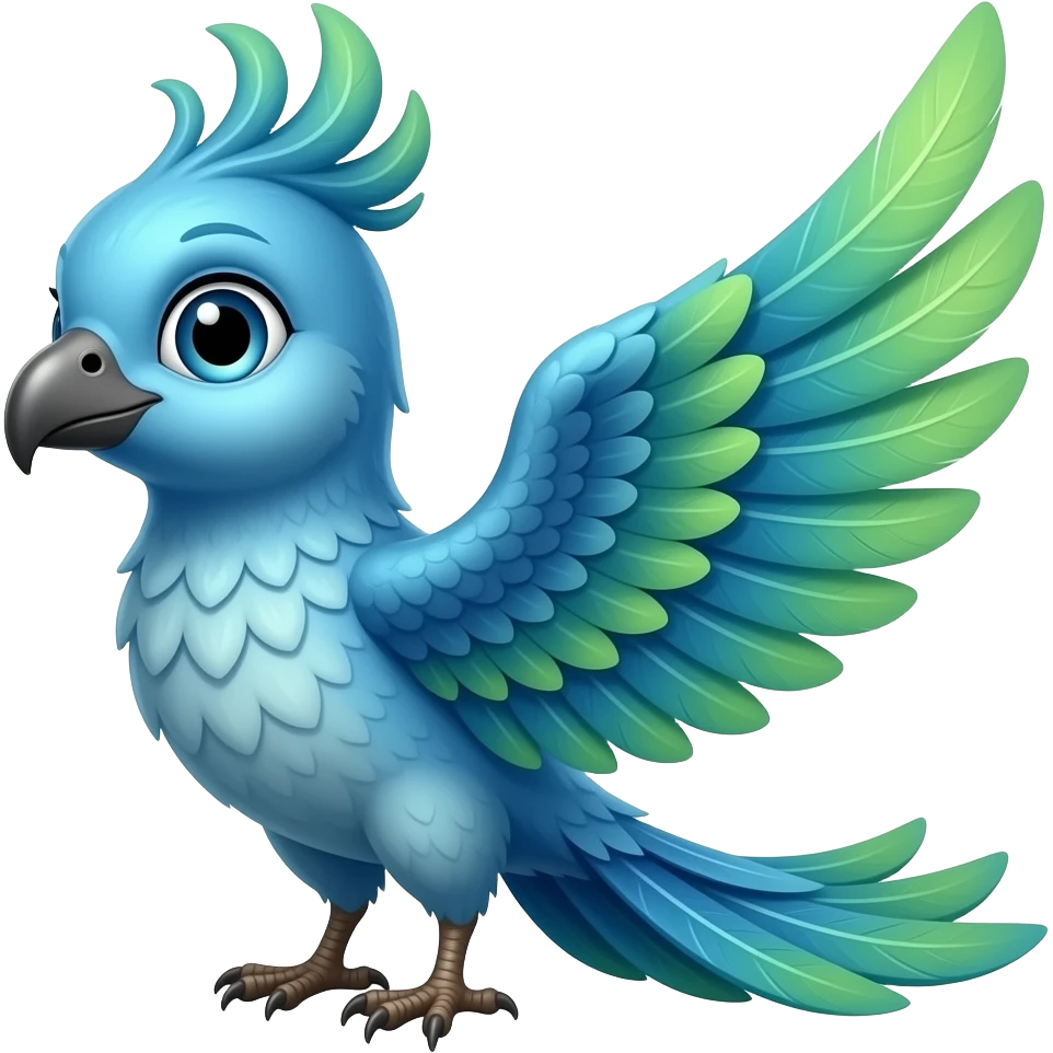 Blue phoenix with green ombré feathers and silver eyes baby emoji