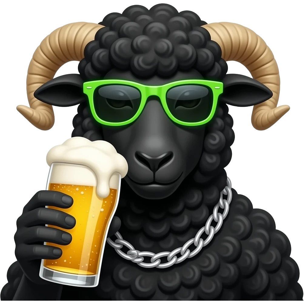 Black Sheep wearing neon sunglasses, necklace and drinking beer emoji