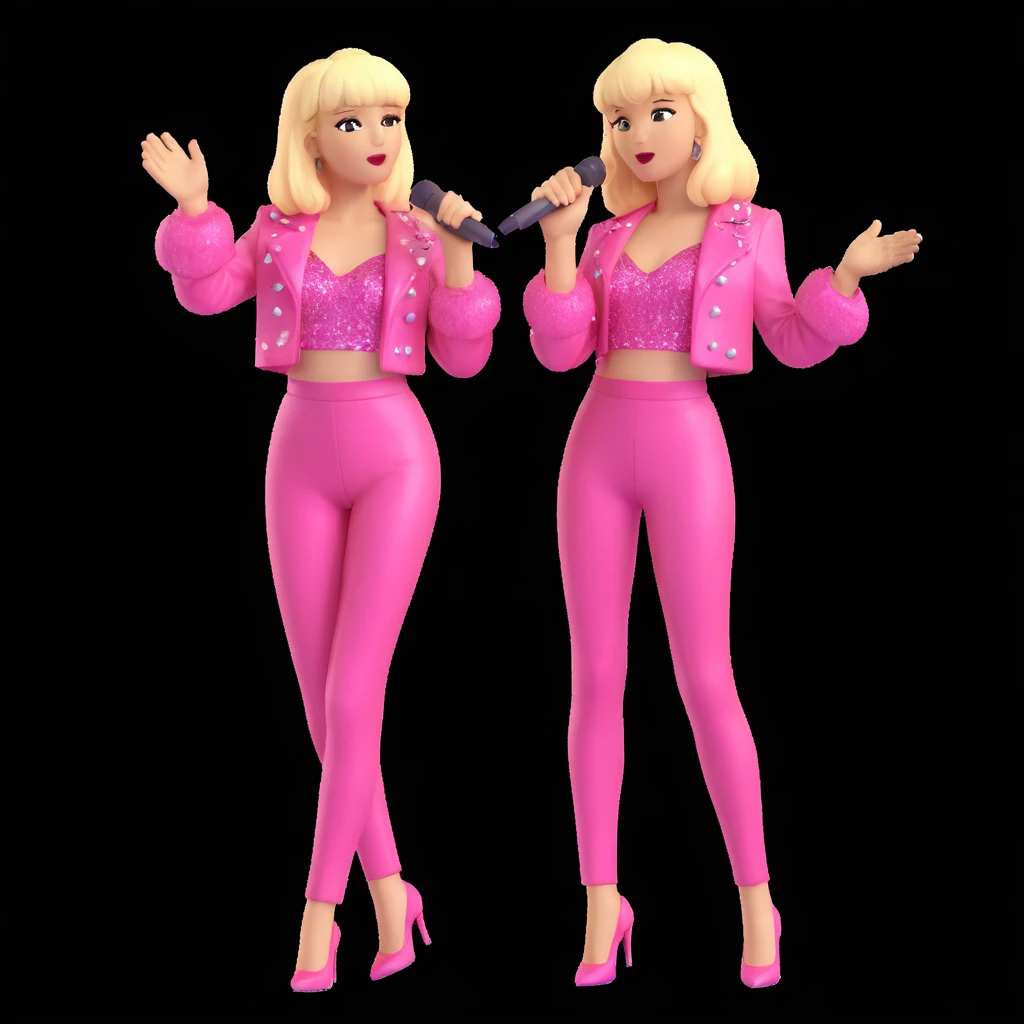 Pretty and thin tall Blonde pop star with bangs singing onstage, wearing a sparkly pink outfit   emoji
