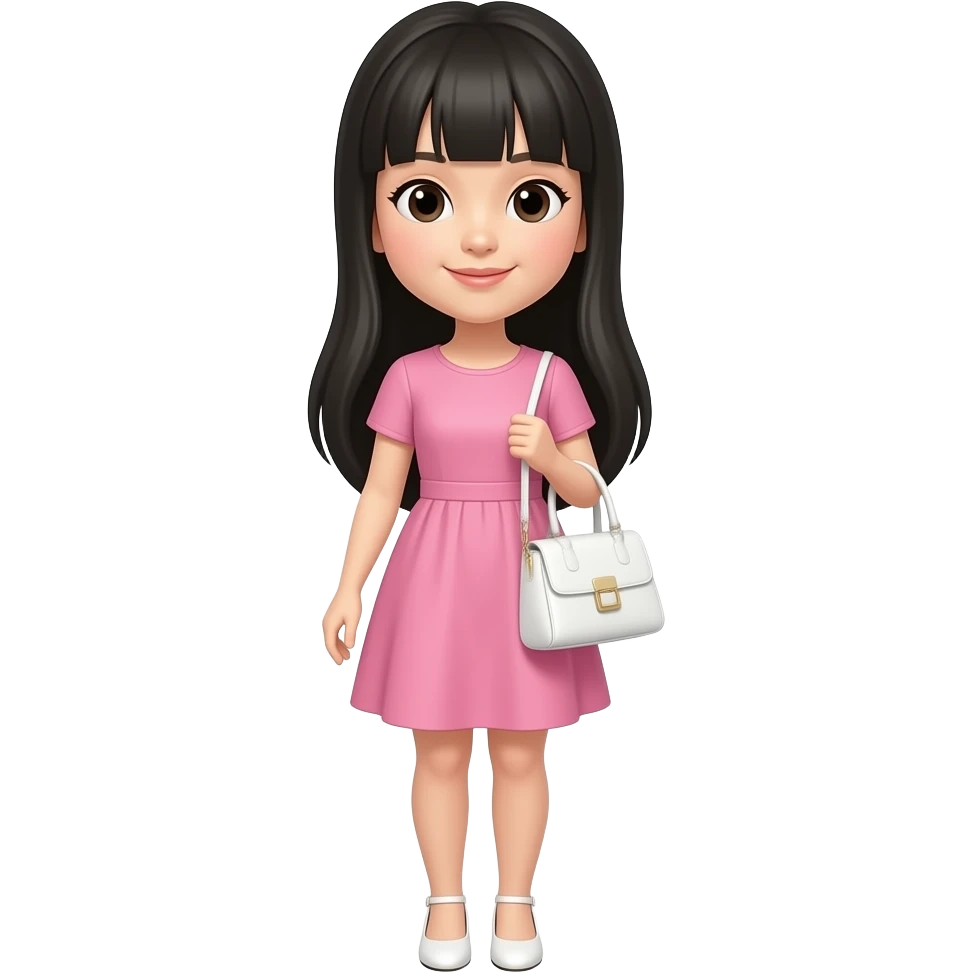 asian girl, long black hairm bangs, wearing pink dress and white heels carrying a white purse emoji