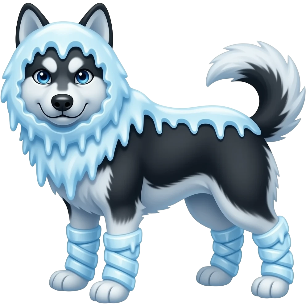 frozen frozen black husky frozen  head frozen in a huge thick coat of ice body frozen in a  huge thin  coat of ice arms frozen in a huge thick coat of ice legs frozen in a huge thick coat of ice tail frozen in a huge thick coat of ice  face frozen in a thick coat of ice emoji