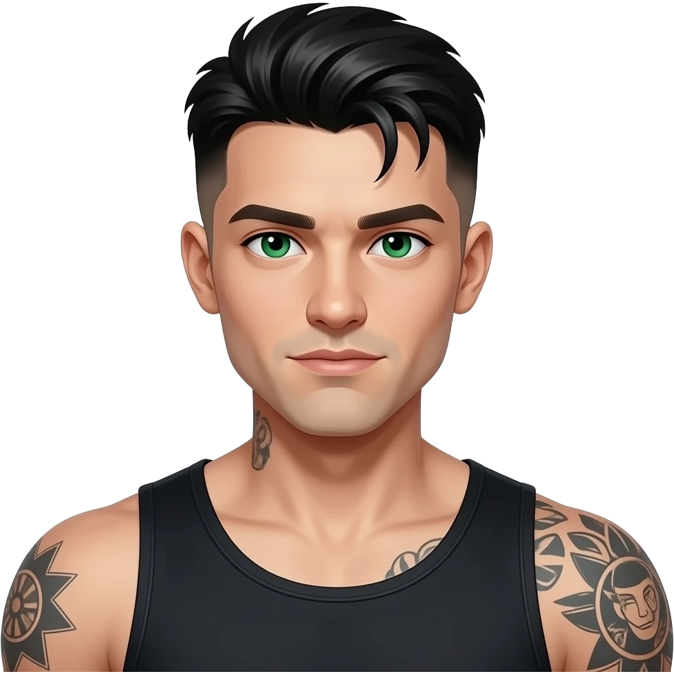 jeune gars mystérieux dark, cheveux noir de jais low taper fade, yeux verts, musclé, tatoué, fossette, peau très blanche blanche blanche très pâle emoji