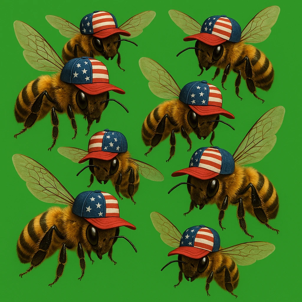 Сгенерируй рой пчел в кепках с флагом сша, на зеленом хромакей фоне emoji