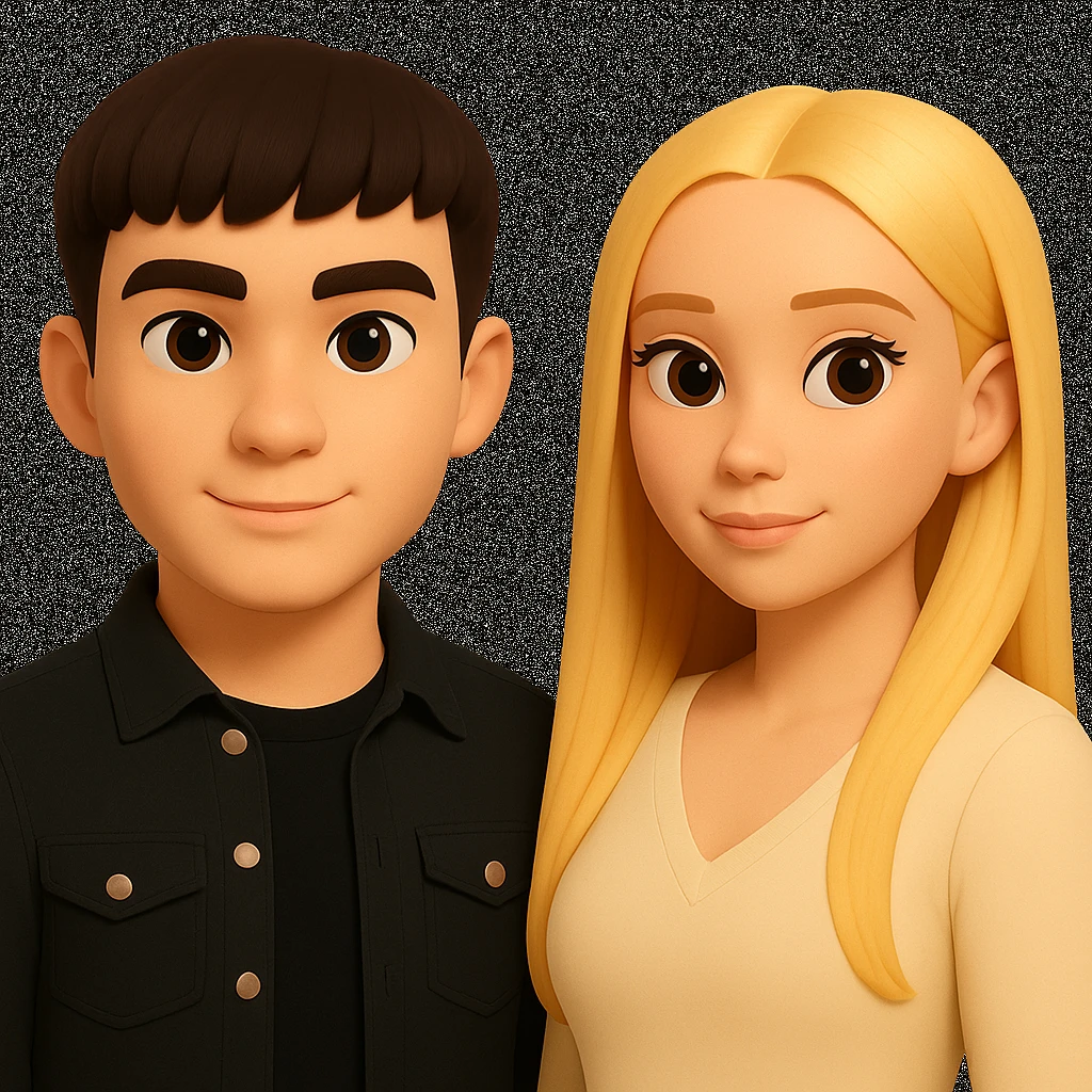 Slightly increase the volume of the upper body of the girl, separate the girl and the boy from each other, and make the skin color the same for both characters. Maintain the cartoonish 3D style as in the reference image. emoji