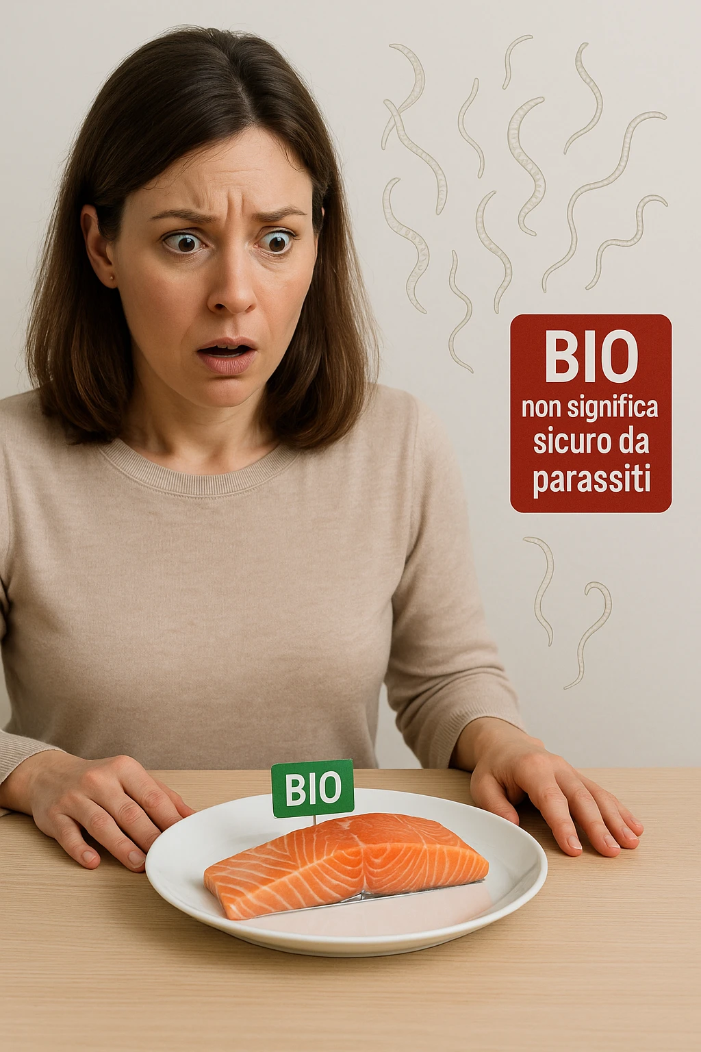 Donna tra i 30 e i 40 anni, seduta a tavola con espressione sorpresa e preoccupata mentre guarda un piatto elegante di salmone crudo etichettato 'BIO'. In trasparenza sopra il salmone si vedono parassiti intestinali stilizzati, come larve o vermi sottili, fluttuanti nell’aria. Accanto al piatto, una scritta fluttuante in stile etichetta rossa avverte: 'BIO non significa sicuro da parassiti'. Atmosfera visivamente pulita ma con tensione sottile, colori realistici con accento sul contrasto tra immagine 'salutare' e minaccia invisibile emoji