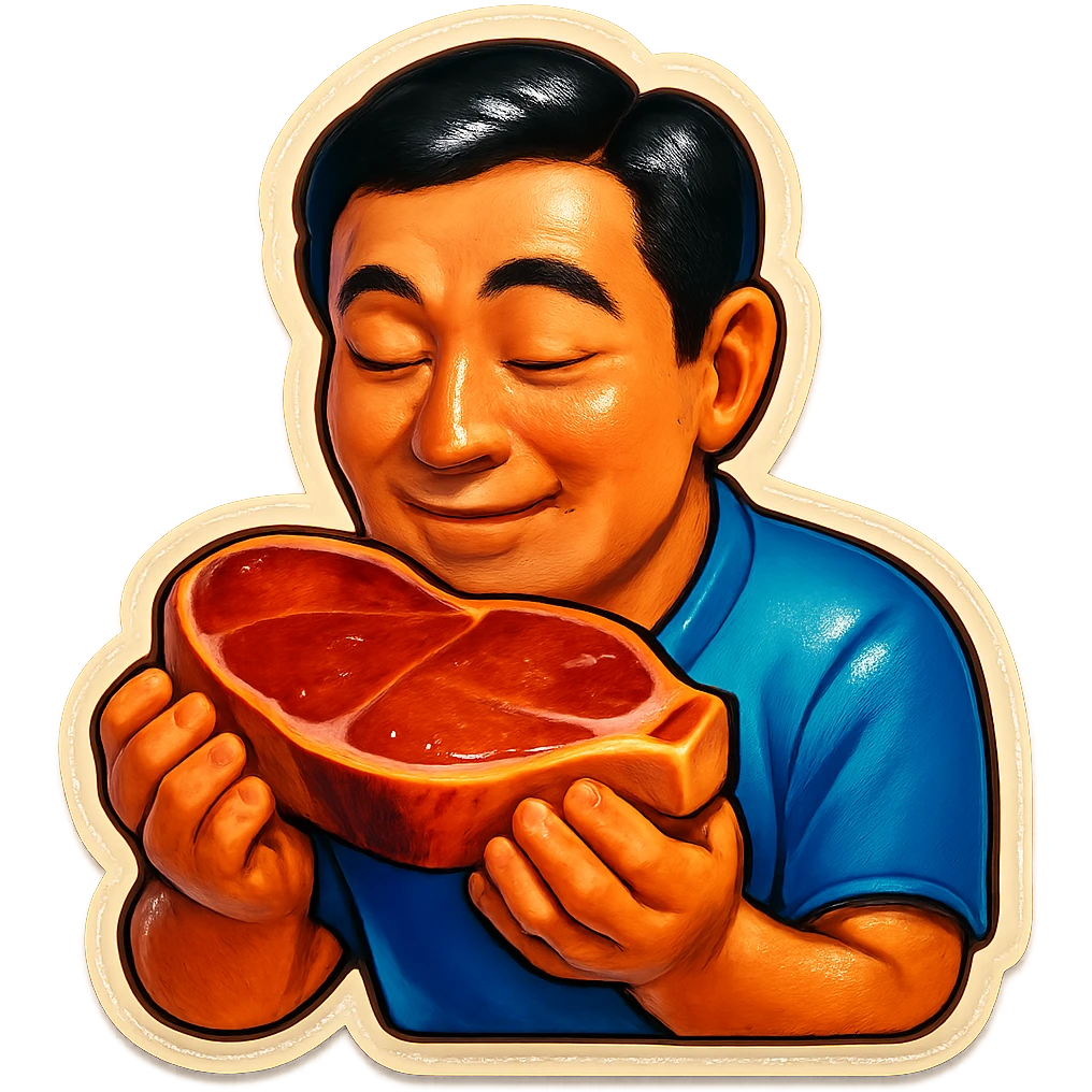 A Japanese man with a loving look holds a steak in his hands, preparing to eat it emoji