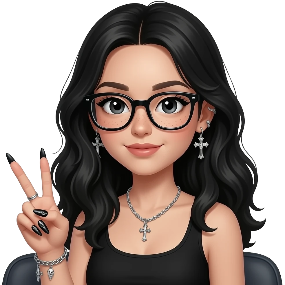 Pale Girl in black, sitting (upper body), long voluminous hair, black eyes with light eyeliner, glasses, subtle freckles. Helix-to-lobe chain earrings with skeleton cross details, small silver snake necklace. Holding a peace sign, long black and silver nails with detailed designs emoji