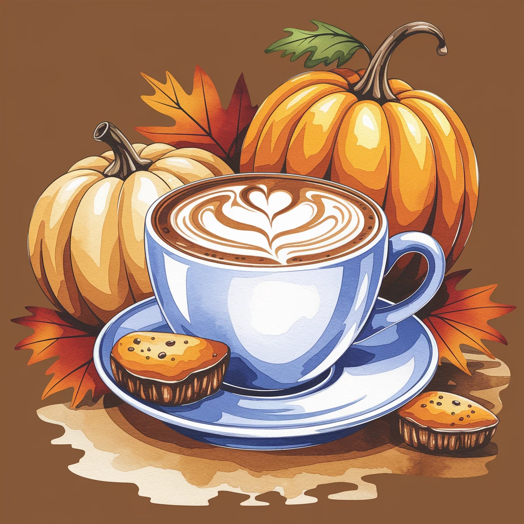 coffee latte art seamless background, pumpkin spice latte, creamy brown and orange tones, cozy autumn café vibe, watercolor effect emoji