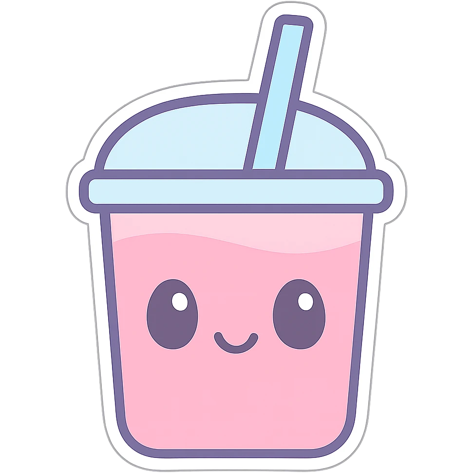 a cute pink drink sticker with a smiling face, pastel colors, kawaii style emoji