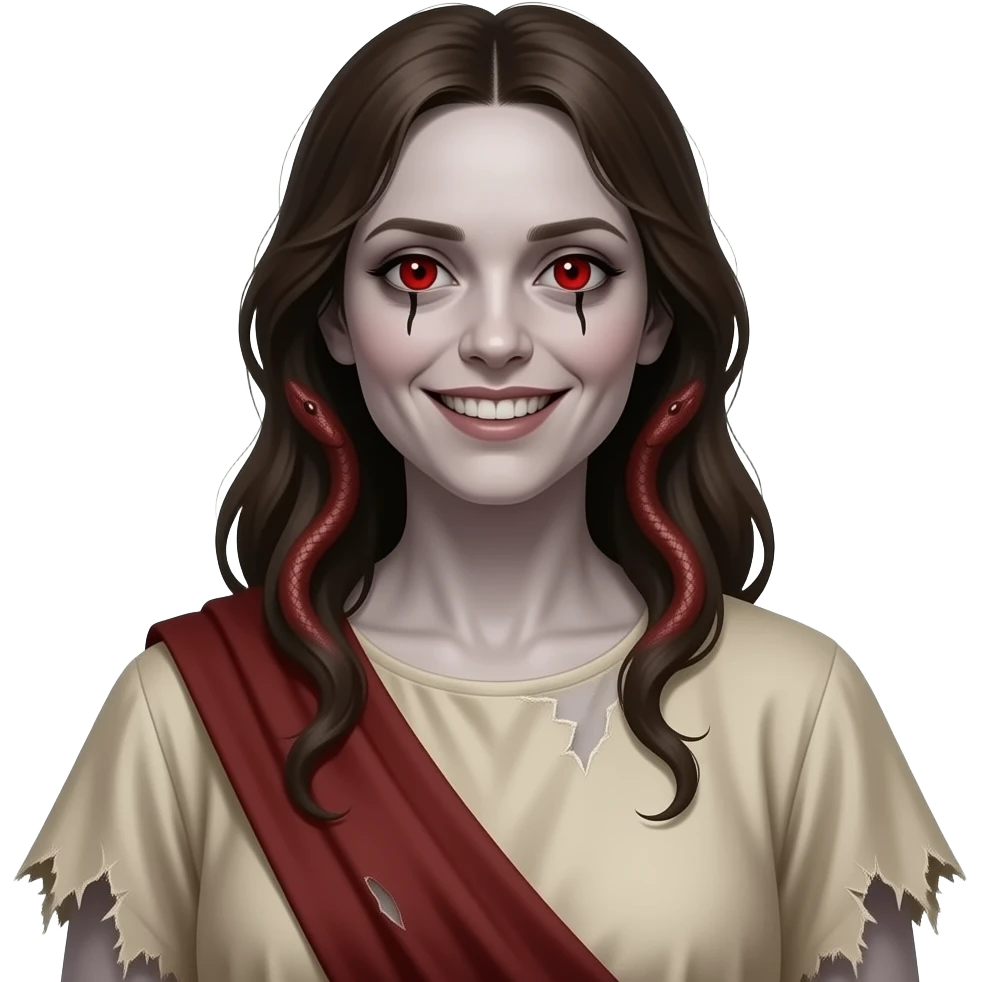 A full bodied emaciated woman with pale colored skin, red serpent eyes with slim black slits for pupils and possessed by an evil spirit  that has an creepy smile on her face, wearing tattered clothing from biblical times emoji