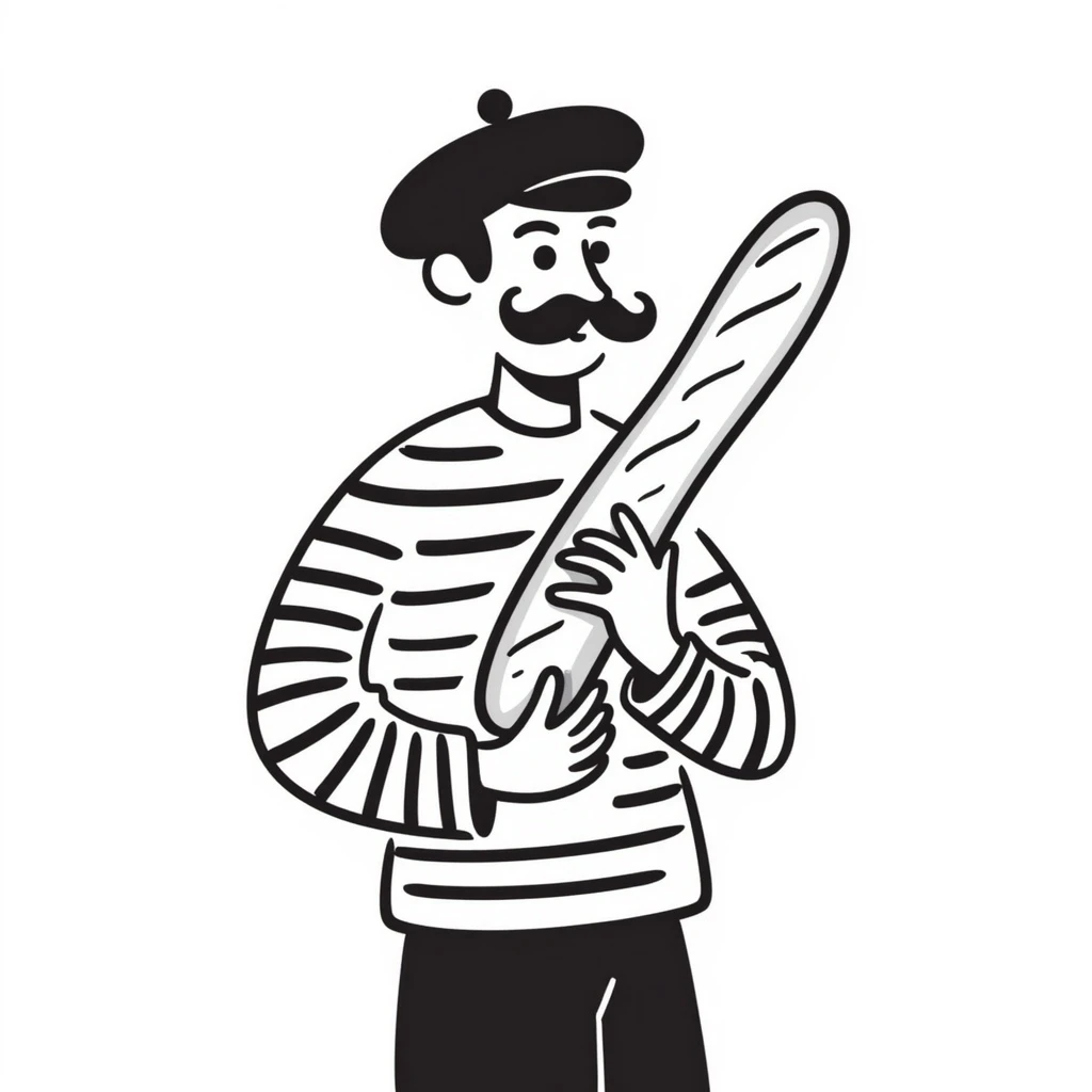A Frenchman with a moustache and a beret, holding a baguette, wearing a black and white striped shirt, hand-drawn doodle style. emoji