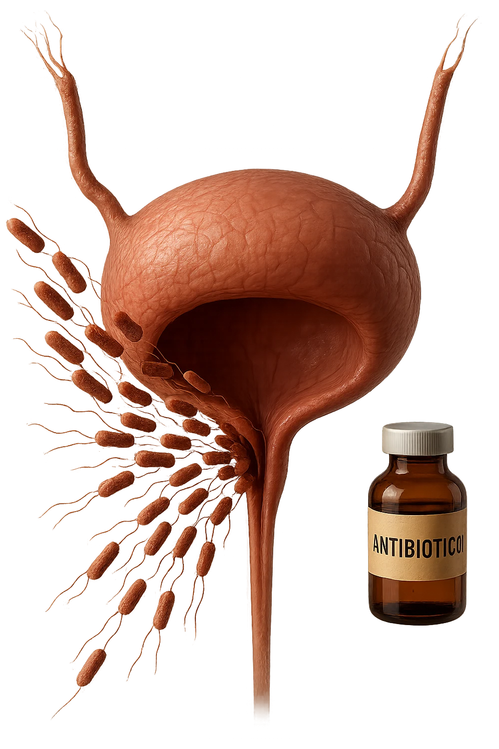 batteri intestinali che migrano ed entrano in una vescica anatomica realistica per infettarla, davanti a lei fluttua una boccetta con la scritta "ANTIBIOTICO", iperrealistico 4k emoji