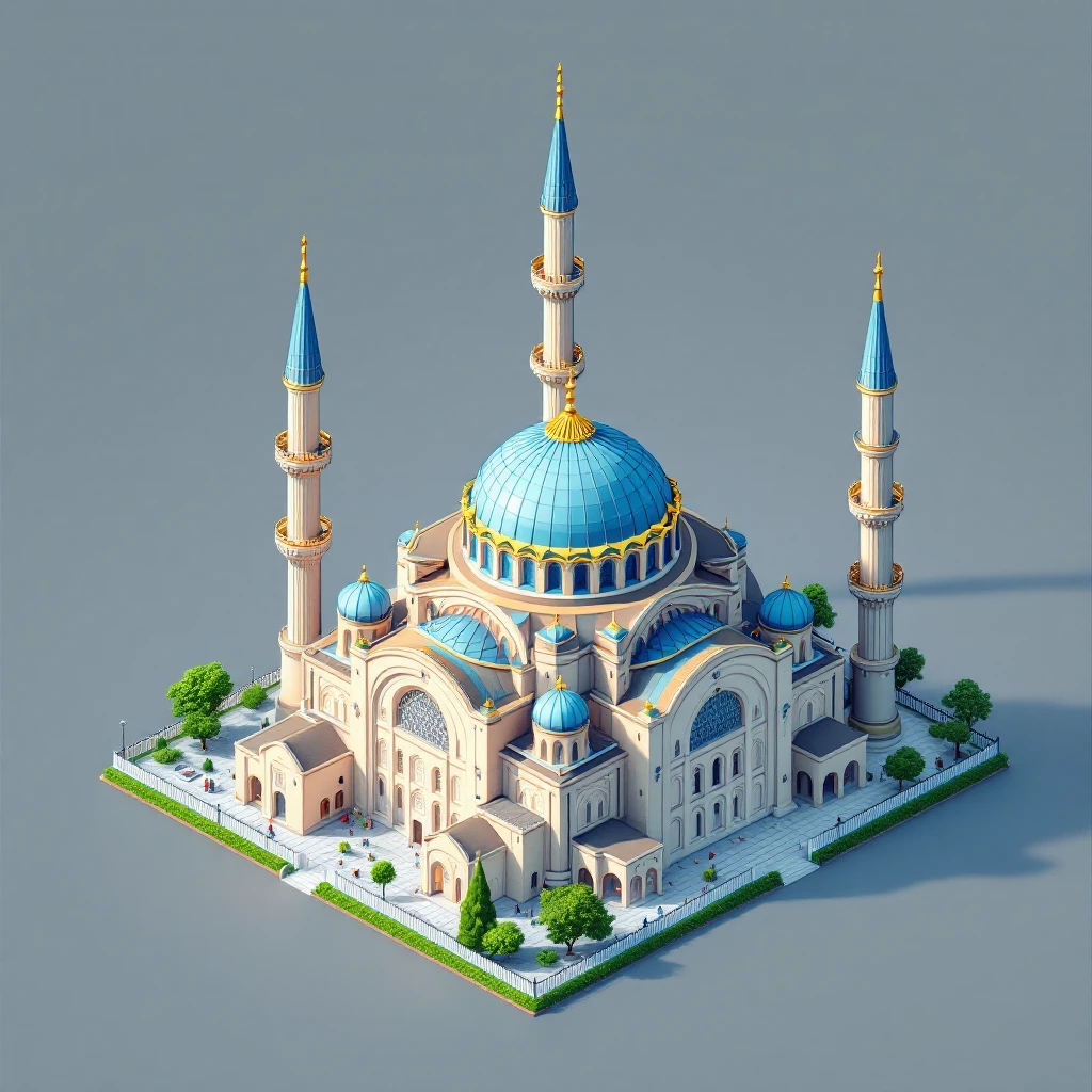 Isometric illustration of Istanbul, featuring photorealistic Hagia Sophia with with colorful onion domes, transparent background emoji