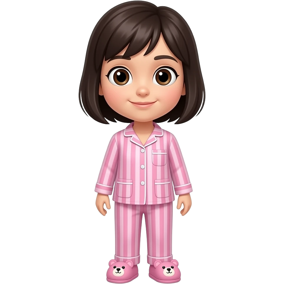 chica de cabello oscuro y corto sin accesorios, con ojos color cafe, con una pijama color rosa con rayas y una pantuflas de osito rosa emoji