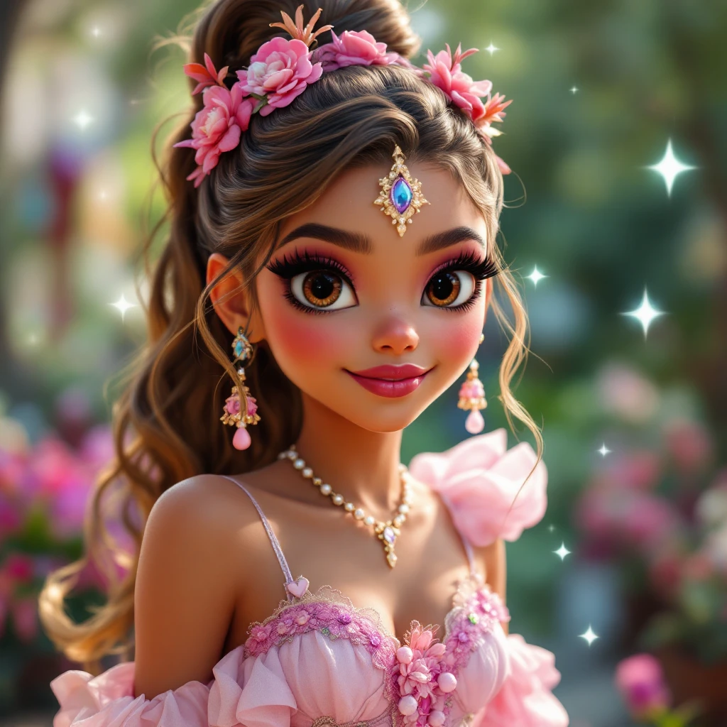 Zendaya reimagined in a 3D classic Disney look, whimsical fairytale-inspired dress, large expressive eyes, magical aura emoji