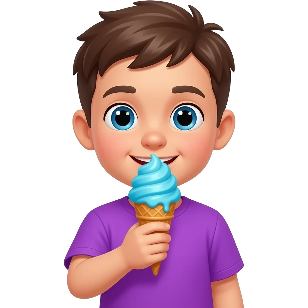 a boy in vibrant purple color shirt holding a ice cream with blue  color scope close to mouth emoji