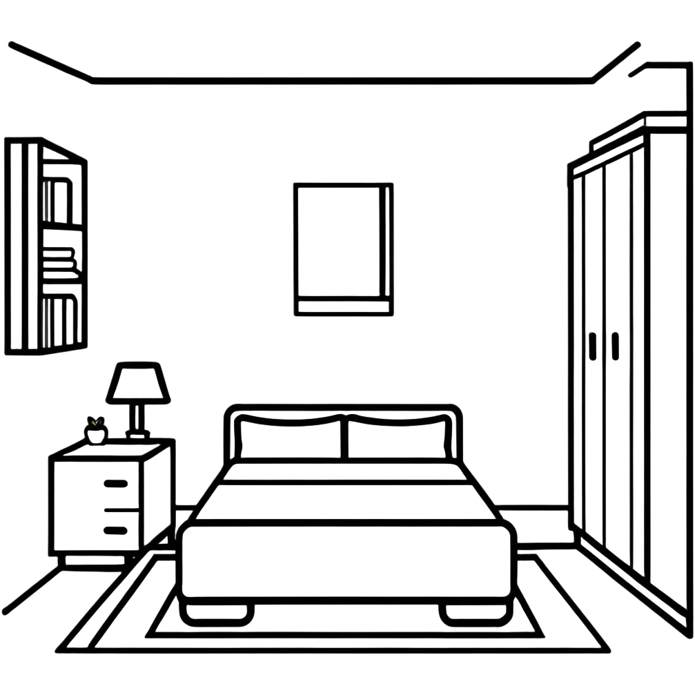 minimalist white teen bedroom with white vanity, white desk, white bed frame, and green plants emoji