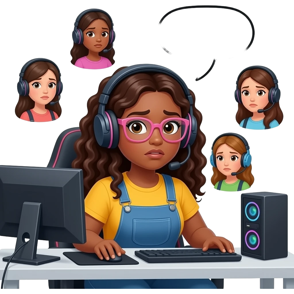 A curvy tan woman with long curly hair and pink glasses, wearing overalls and a yellow shirt, looking straight forward at viewer, wearing a gaming headset,sitting at her computer, she's looking anxious, with speech bubble saying "let's go to banging?",  And some floating avatars in headsets around emoji