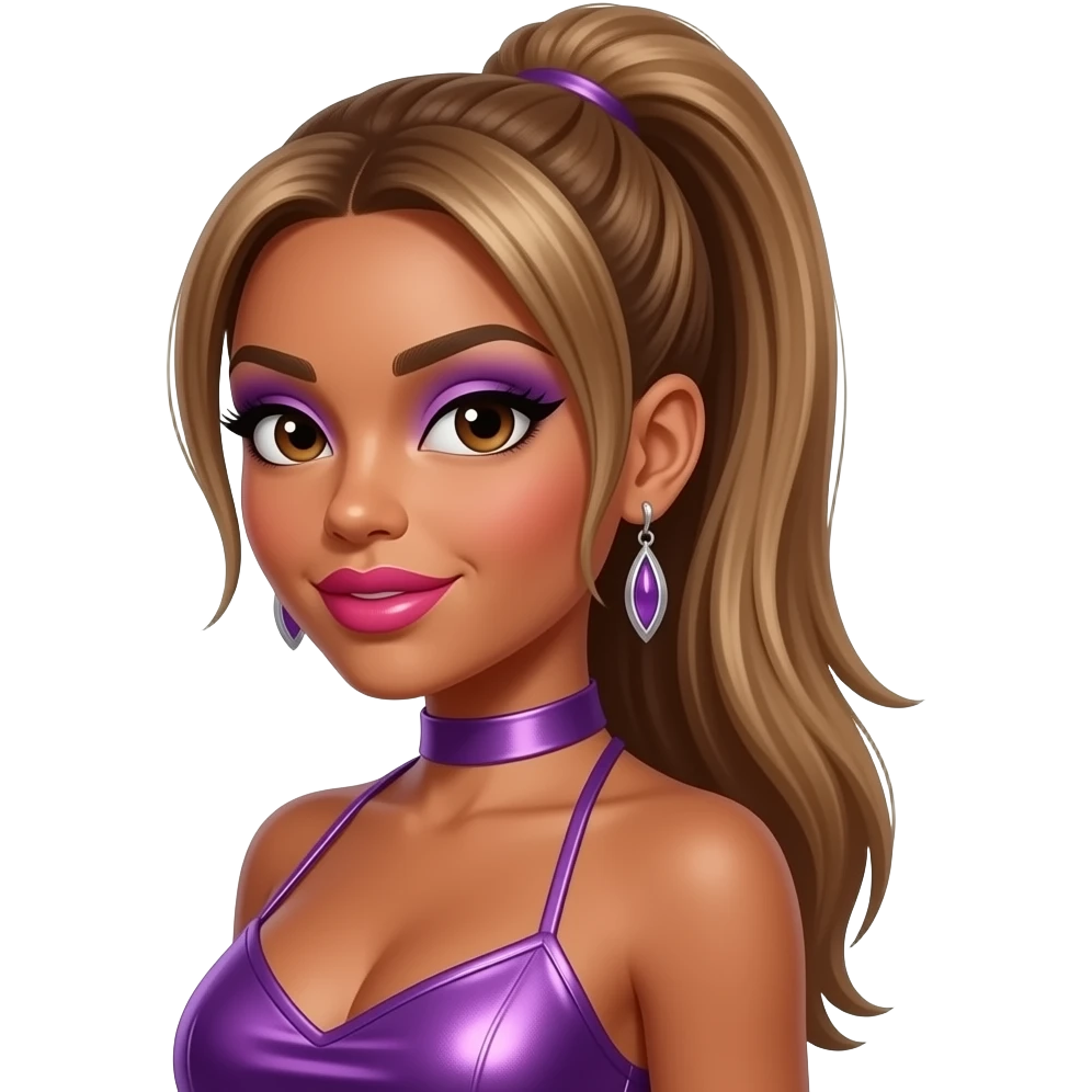 Melody Thornton from The Pussycat Dolls with dark skin, dark brown eyes, long light brown 2000s straight high ponytail hair, purple eyeshadow, hot pink lipstick, purple metallic halter dress, earrings emoji
