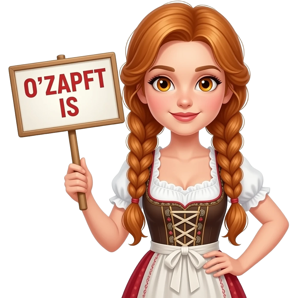 sexy girl with long wavy ginger braids and ginger eyes wearing a dirndl is holding a sign with O'ZAPFT IS written on it emoji