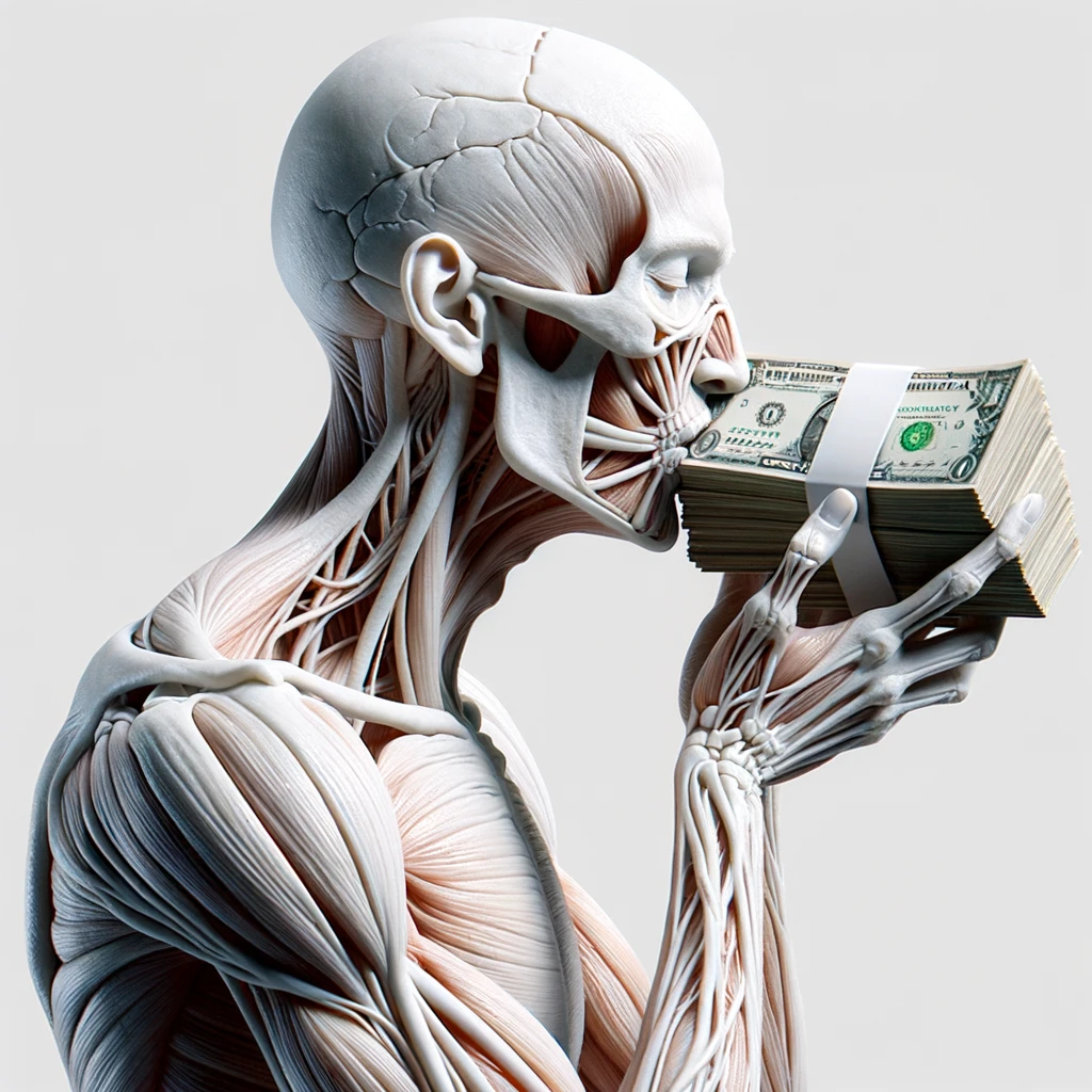 corpo umano anatomico che bacia una mazzetta di banconote, iperrealistica 4k, isolato su sfondo bianco emoji