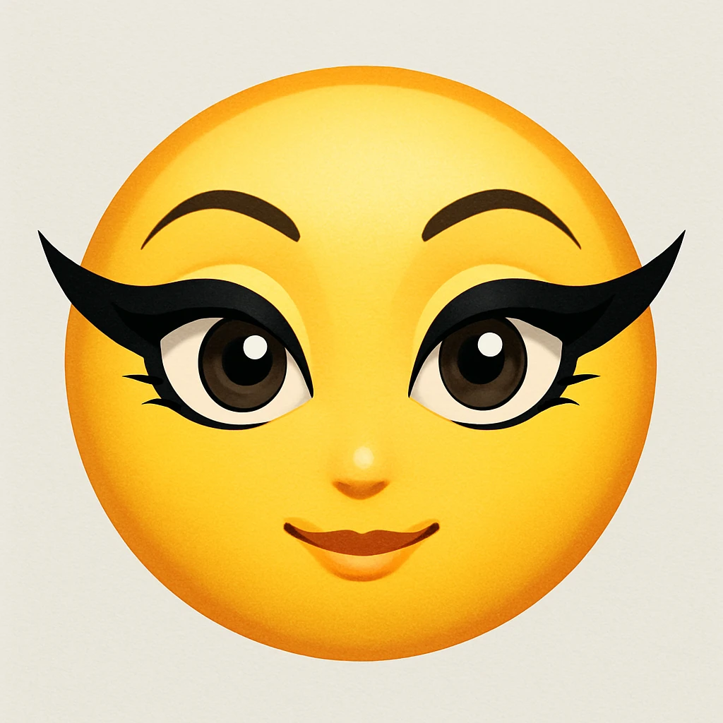 yellow face emoji with dramatic winged eyeliner emoji