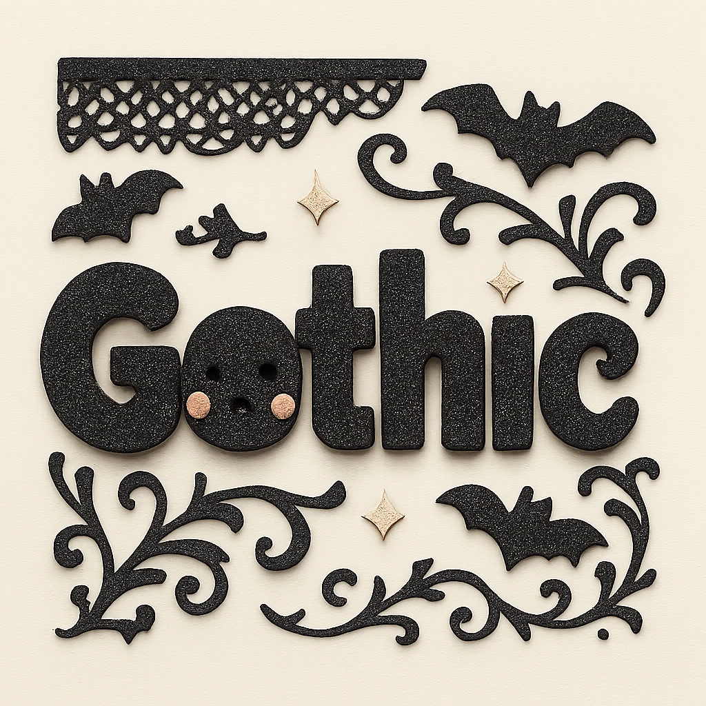 Add gothic motifs such as black lace, tiny bats, and ornate flourishes around the sparkling black text, keep the 3D paper-craft effect, kawaii style, no outline, transparent background. emoji