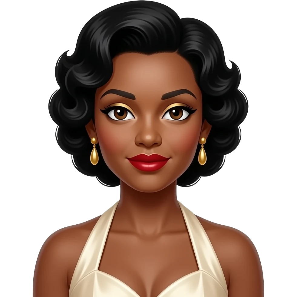 Dorothy Dandridge with dark brown eyes, black 50s curls hair, gold eyeshadow, red lipstick, ivory metallic halter dress, earrings emoji