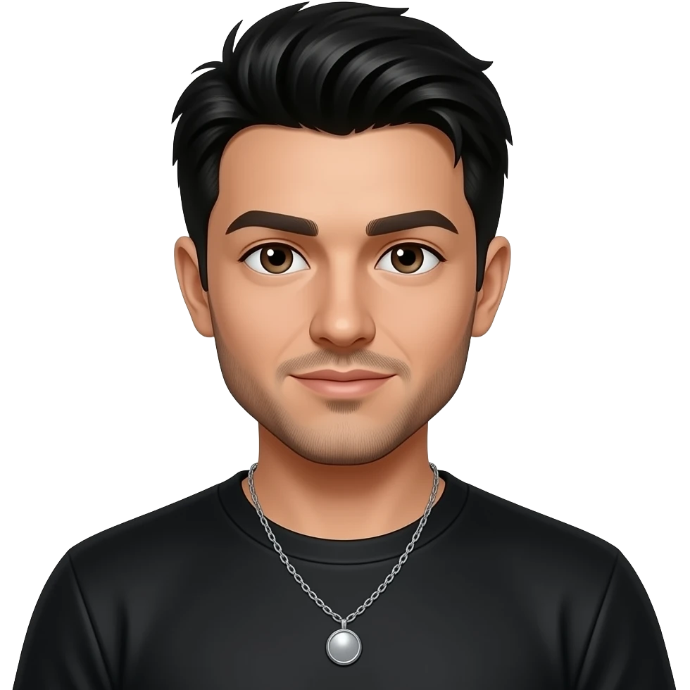 Tristan Sonnekus from The Sorrybro Crew with dark brown eyes, black hair, black metallic T-shirt, necklace emoji