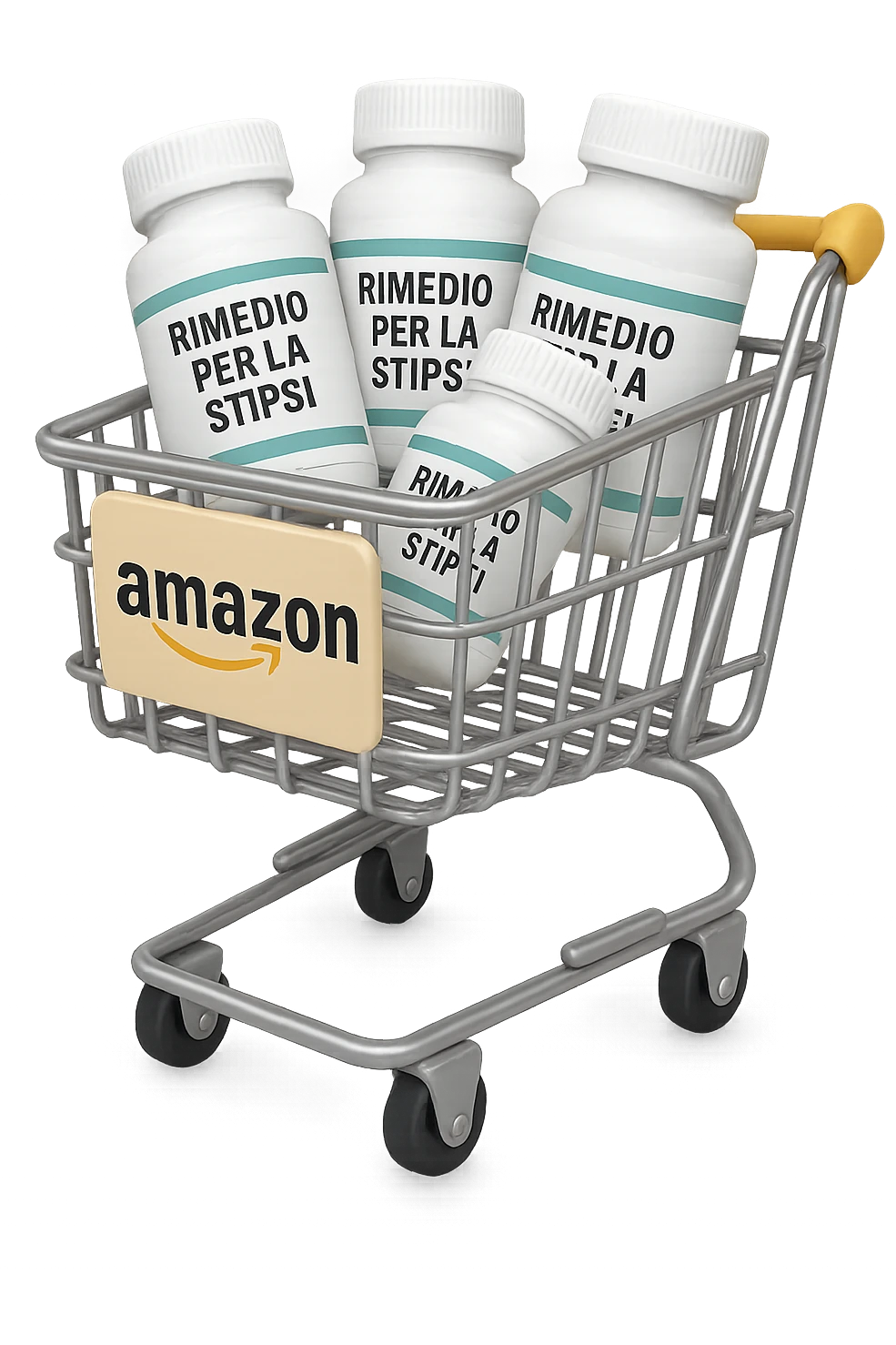 emoji stile iphone di un carrello per la spesa con l'icona di amazon stampata sopra, dentro al carretto ci sono varie boccette di integratori con la scritta "RIMEDIO PER LA STIPSI", iperrealistico 4k emoji