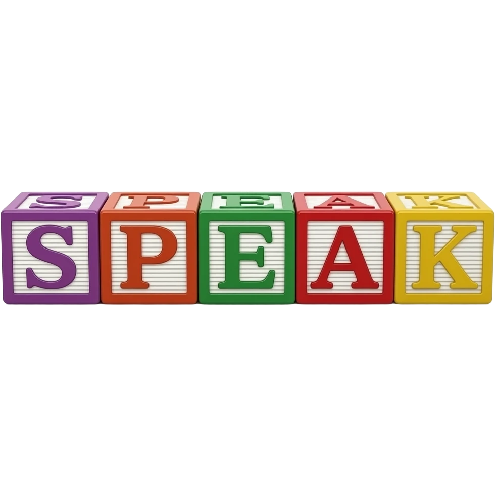 children's wooden blocks with letters, arranged in a line to form a word SPEAK emoji