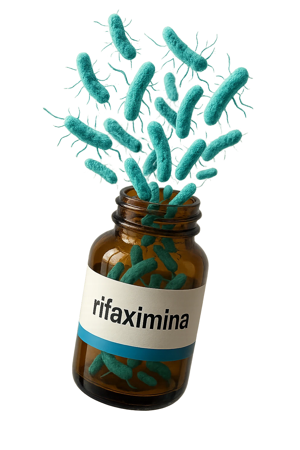 barattolo di medicinale con la scritta "rifaximina" sull'etichetta fluttua in aria, da dentro al barattolo escono batteri intestinali turchesi, iperrealistico 4k emoji