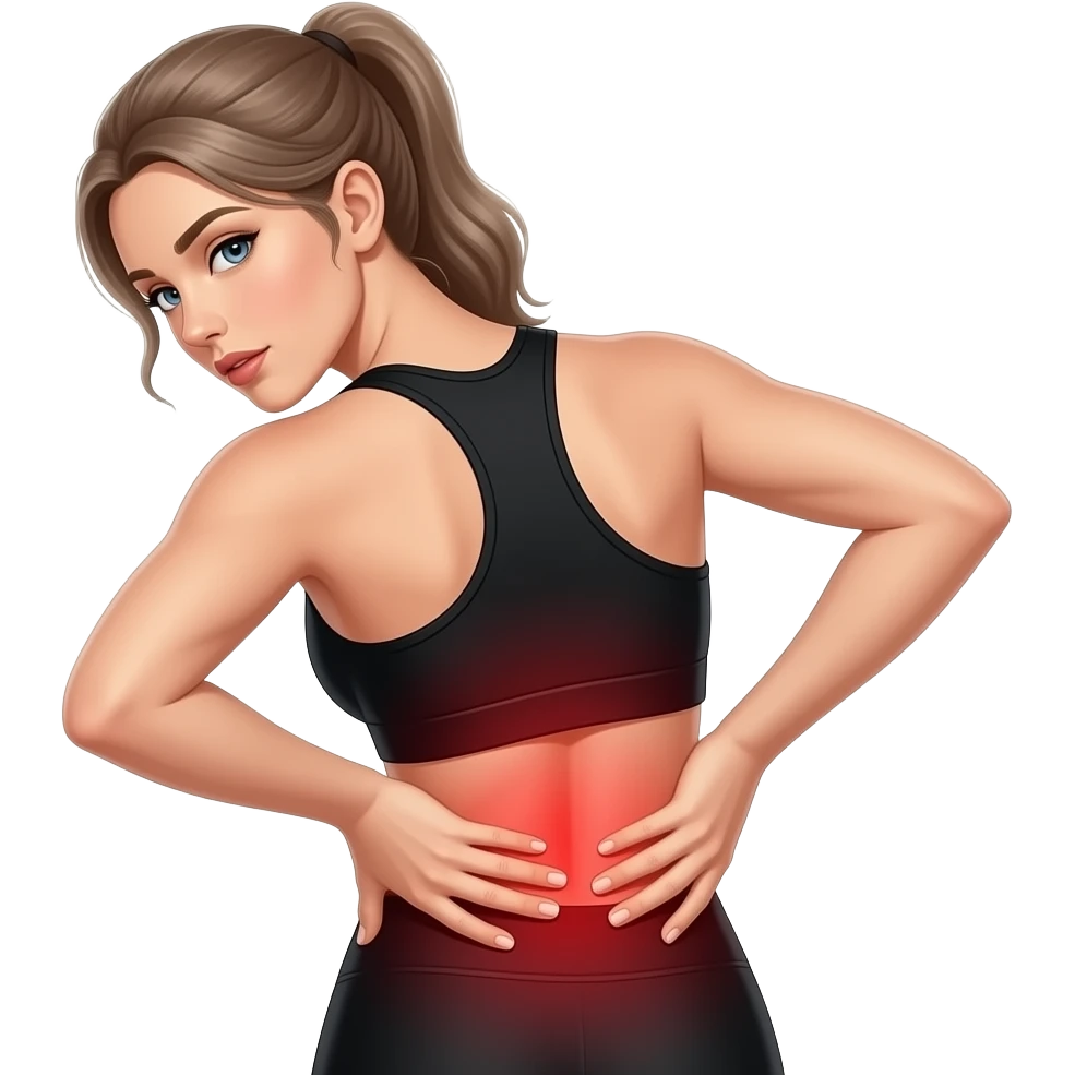 back pain, full red glow covering the entire back, woman with hands on lower back, fair-skinned woman, gray-blue eyes, ash brown brows, ash light brown hair tied back, slim athletic body, black workout set emoji