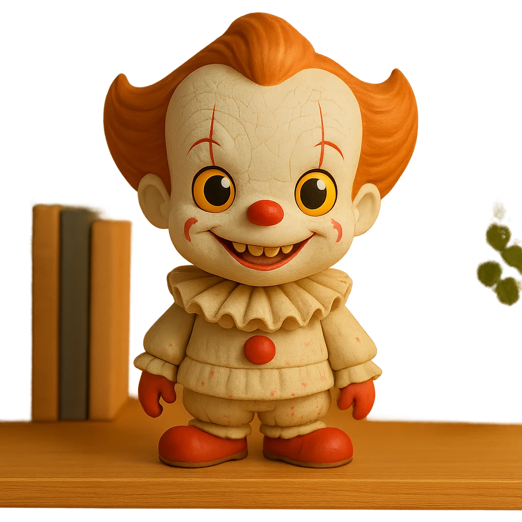 Transform this Pennywise clown into a toy version with minimal blood, soft and playful features, keep the background transparent. emoji