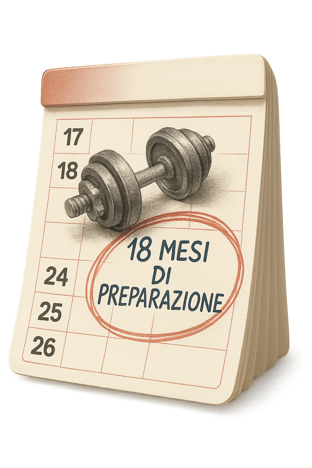 foglio di calendario con manubri da palestra disegnati e la scritta a penna "18 MESI DI PREPARAZIONE" CERCHIATA IN ROSSO, FALLO MOLTO REALISTICO IN 3D emoji