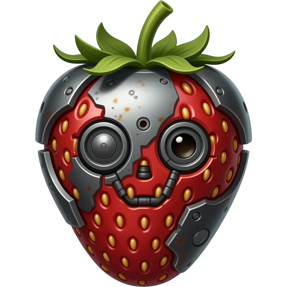cinematic - rusty broken mechanical steel black strawberry emoji
